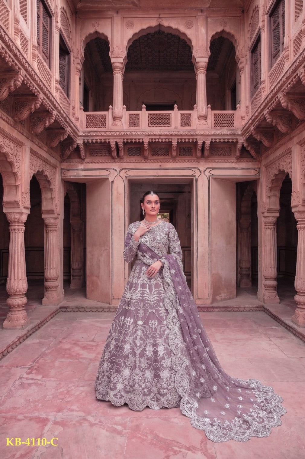 Anaita Lavender Net Semi Stitched Anarkali Suit with Embroidery & Diamond Work - Dista