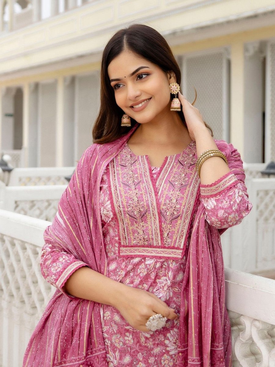 Anouk Floral Embroidered Regular Thread Work Pure Cotton Kurta with Trousers & Dupatta - Distacart