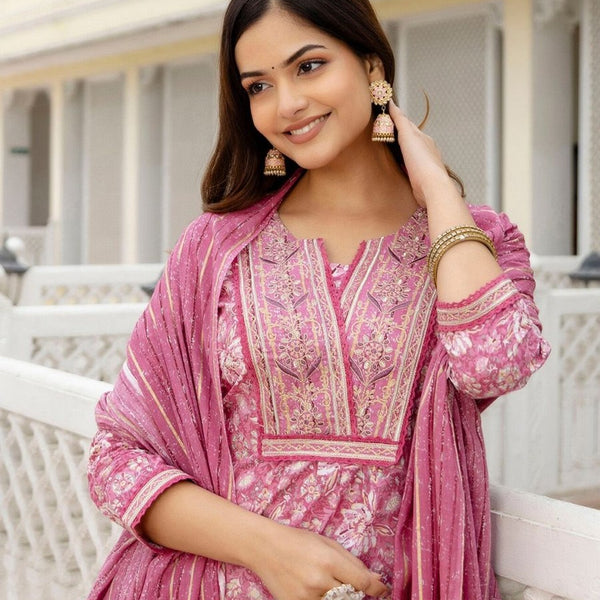 Anouk Floral Embroidered Regular Thread Work Pure Cotton Kurta with Trousers & Dupatta - Distacart