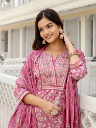 Anouk Floral Embroidered Regular Thread Work Pure Cotton Kurta with Trousers & Dupatta - Distacart