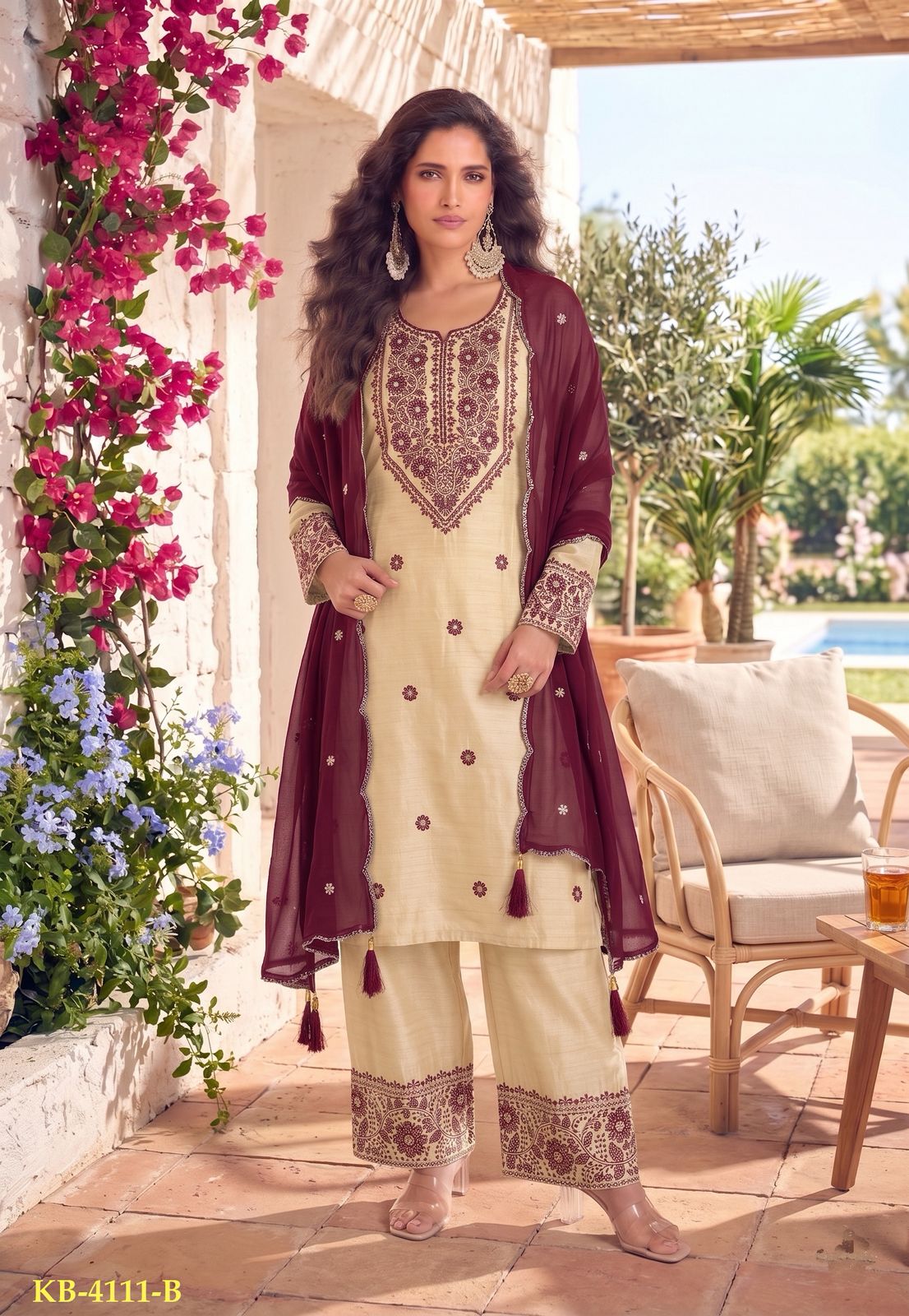 Anaita White & Maroon Cotton Unstitched Suit with Embroidery Patch Work - Dista