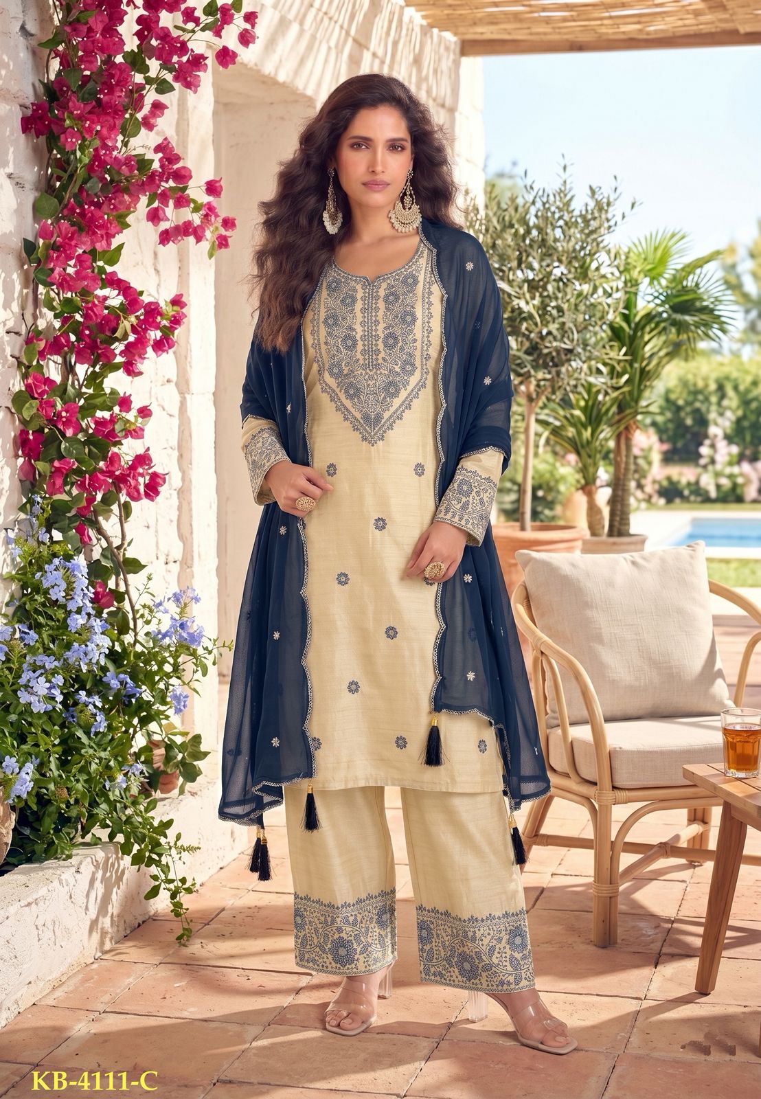 Anaita White & Teal Cotton Unstitched Suit with Embroidery Patch Work - Dista