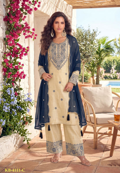 Anaita White & Teal Cotton Unstitched Suit with Embroidery Patch Work - Dista