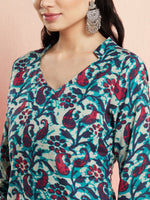 Thumbnail for Aks Floral Printed V-Neck Pure Cotton Kurta with Salwar - Distacart