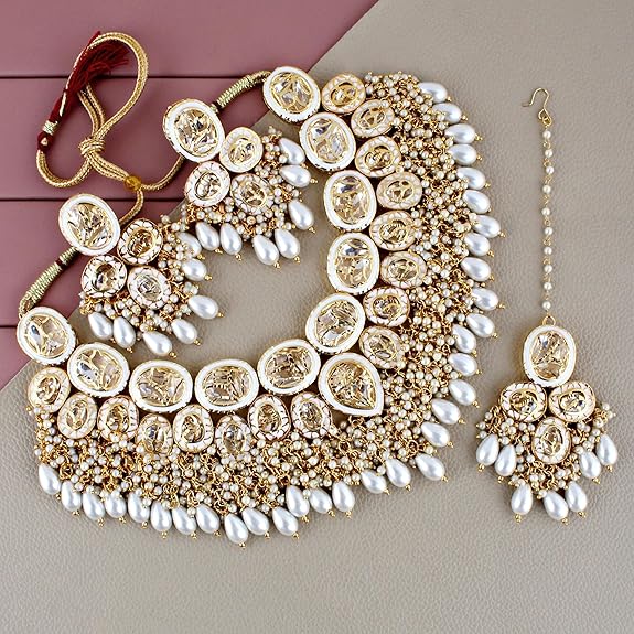 Tehzeeb Creations Back Meenakari Gold-Polished Set with Earring and Mang Tika Combo Uncut Big Faux Kundan Choker Necklace set - Distacart