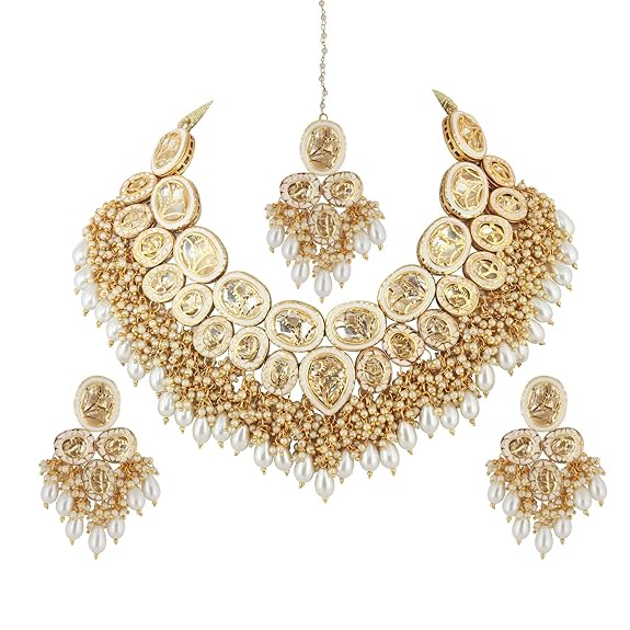 Tehzeeb Creations Back Meenakari Gold-Polished Set with Earring and Mang Tika Combo Uncut Big Faux Kundan Choker Necklace set