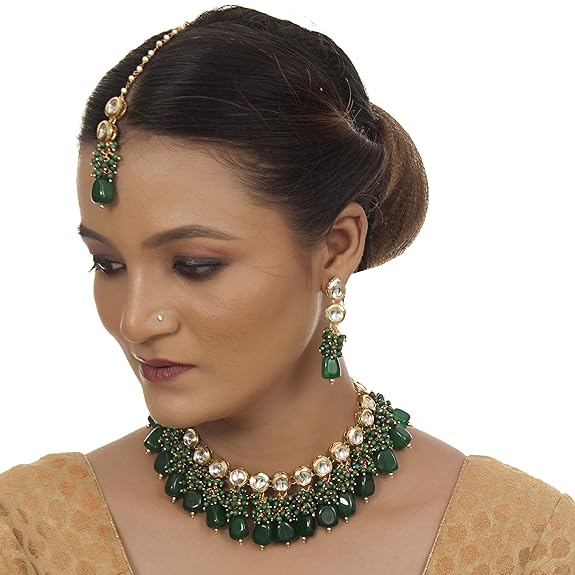Tehzeeb Creations Back Meenakari Gold-Polished Tika Earring Jewellery Set Uncut Kundan Big Faux Kundan Dibbi Kundan Choker Necklace Set - Distacart
