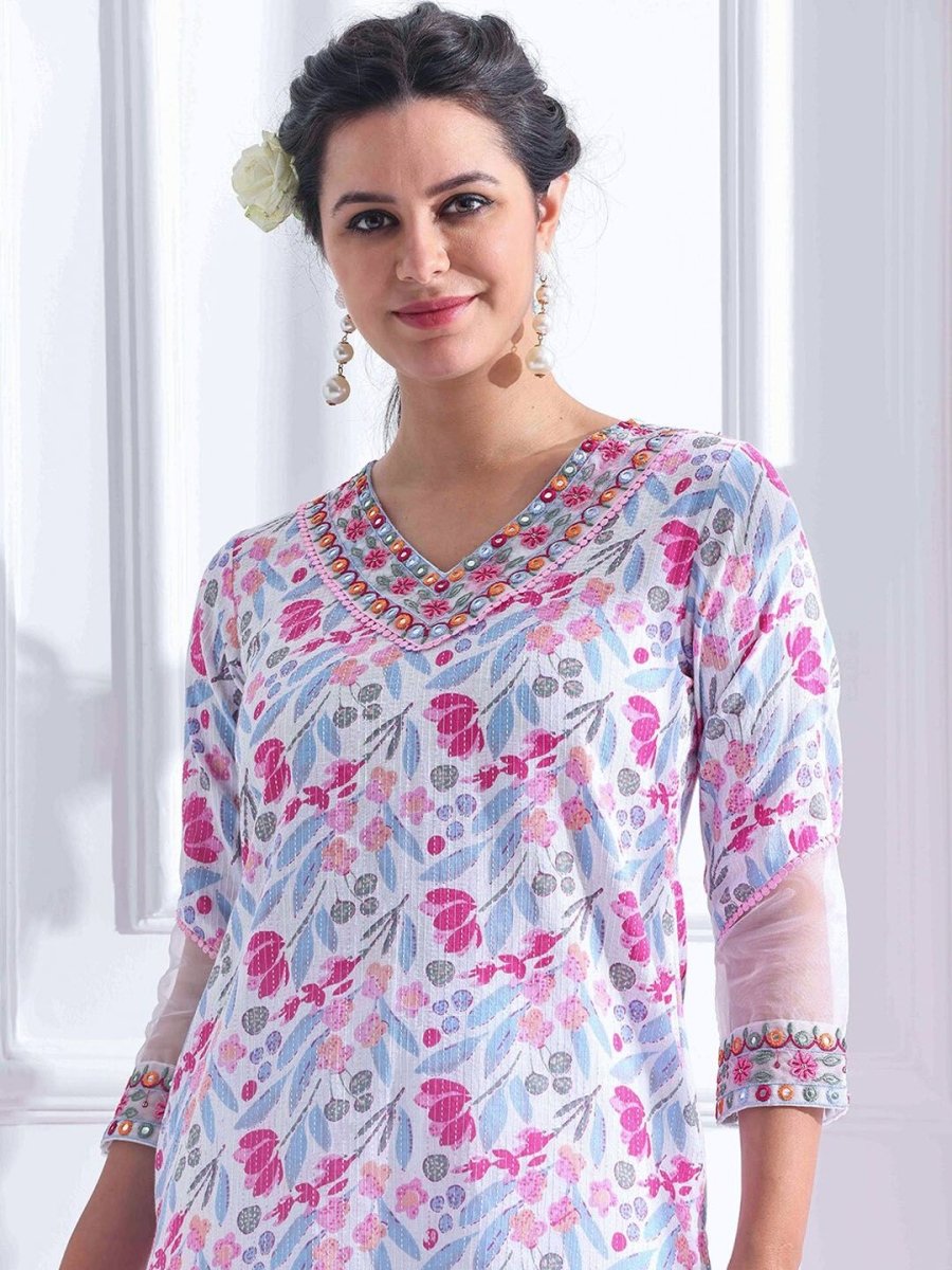 Anouk Women Floral Printed Kantha Work Pure Cotton Kurta with Trousers & With Dupatta - Distacart