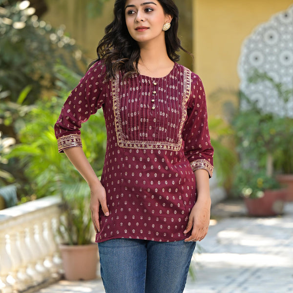 Juniper Women's Wine Ethnic Motif Printed Rayon Tunic With Sequins & Lace - Distacart