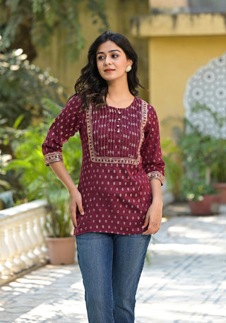 Juniper Women's Wine Ethnic Motif Printed Rayon Tunic With Sequins & Lace - Distacart
