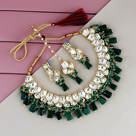 Tehzeeb Creations Meenakari Gold-Polished pentagon shape Uncut Kundan Necklace Set - Distacart