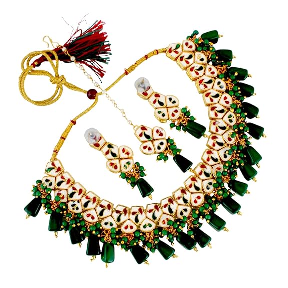 Tehzeeb Creations Meenakari Gold-Polished pentagon shape Uncut Kundan Necklace Set - Distacart