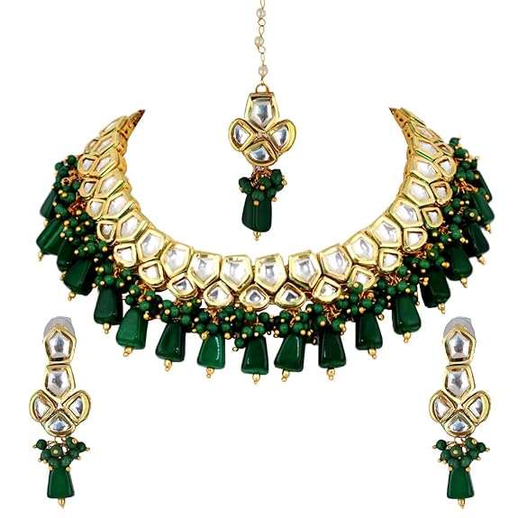 Tehzeeb Creations Meenakari Gold-Polished pentagon shape Uncut Kundan Necklace Set - Distacart