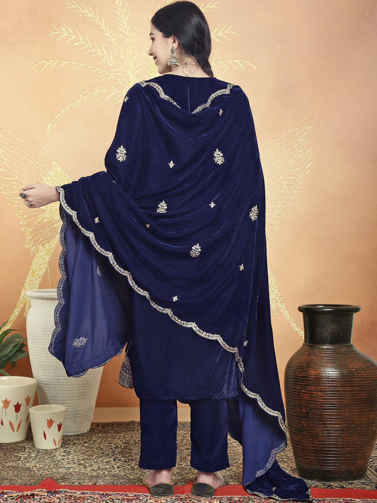 Stylee Lifestyle Navy Blue Velvet Embroidered Dress Material