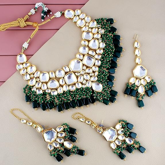 Tehzeeb Creations Back Meenakari Gold-Polished Green Color Tika Earring Combo Uncut Big Faux Kundan Choker Necklace Set - Distacart