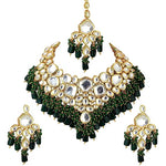 Thumbnail for Tehzeeb Creations Back Meenakari Gold-Polished Green Color Tika Earring Combo Uncut Big Faux Kundan Choker Necklace Set