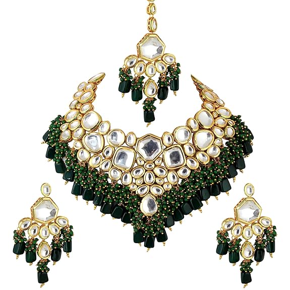 Tehzeeb Creations Back Meenakari Gold-Polished Green Color Tika Earring Combo Uncut Big Faux Kundan Choker Necklace Set
