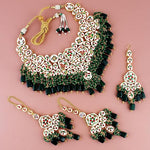 Thumbnail for Tehzeeb Creations Back Meenakari Gold-Polished Green Color Tika Earring Combo Uncut Big Faux Kundan Choker Necklace Set