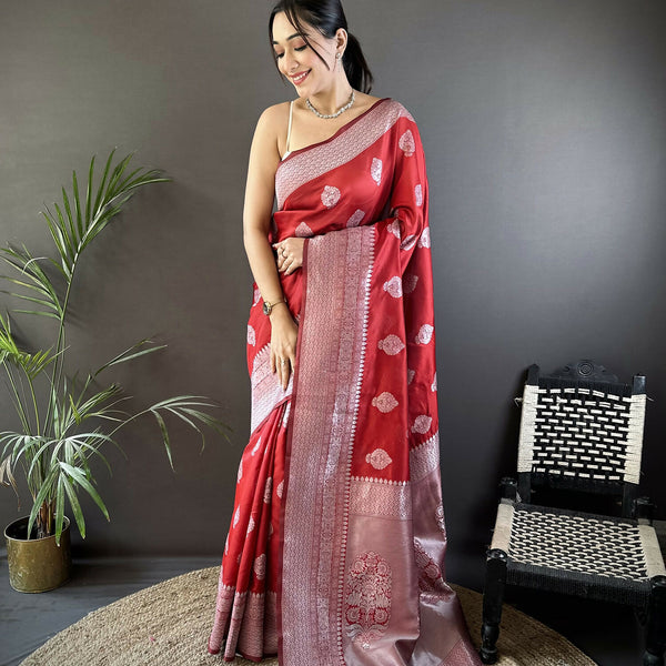 Joban Fashion Maroon Floral Motifs Soft Silk Banarasi Saree - Distacart