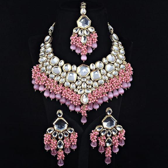 Tehzeeb Creations Gold-Polished Pink Color Kundan Stone/Uncut Kundan/Dibbi Kundan/Meena Kundan/Lucknow Kundan with Monalisa Drop Bridal Set for Girls & Women - Distacart