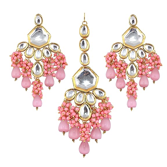 Tehzeeb Creations Gold-Polished Pink Color Kundan Stone/Uncut Kundan/Dibbi Kundan/Meena Kundan/Lucknow Kundan with Monalisa Drop Bridal Set for Girls & Women - Distacart