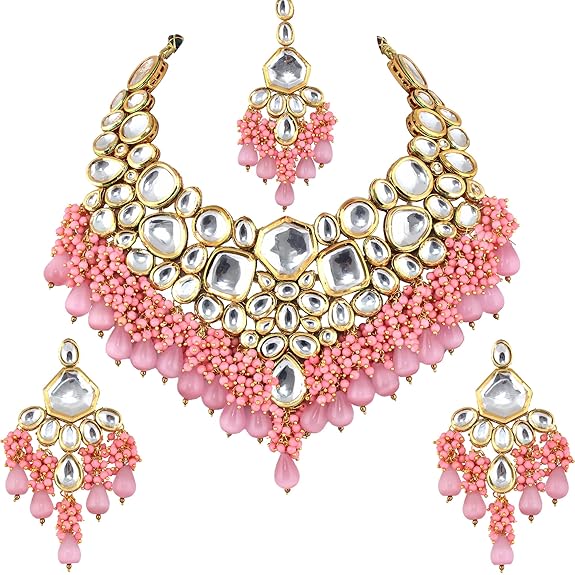 Tehzeeb Creations Gold-Polished Pink Color Kundan Stone/Uncut Kundan/Dibbi Kundan/Meena Kundan/Lucknow Kundan with Monalisa Drop Bridal Set for Girls & Women - Distacart