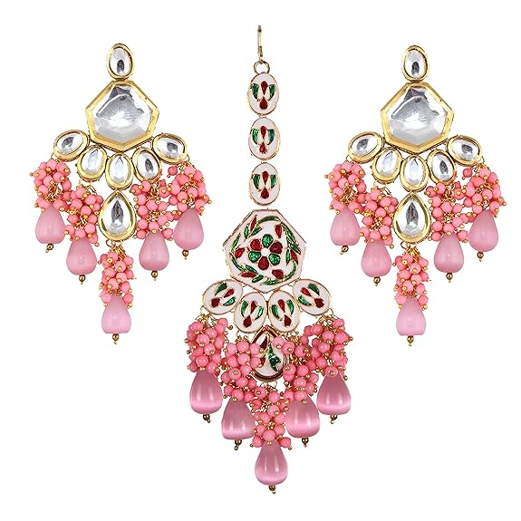 Tehzeeb Creations Gold-Polished Pink Color Kundan Stone/Uncut Kundan/Dibbi Kundan/Meena Kundan/Lucknow Kundan with Monalisa Drop Bridal Set for Girls & Women - Distacart