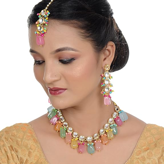 Tehzeeb Creations Back Meenakari Gold-Polished Multicolor Tika Earring Jewellery Set Uncut Kundan Big Faux Kundan Dibbi Kundan Choker Necklace Set - Distacart