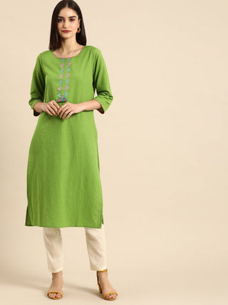 All About You Women Green & Pink Ethnic Motifs Yoke Design Thread Work Pure Cotton Kurta - Distacart