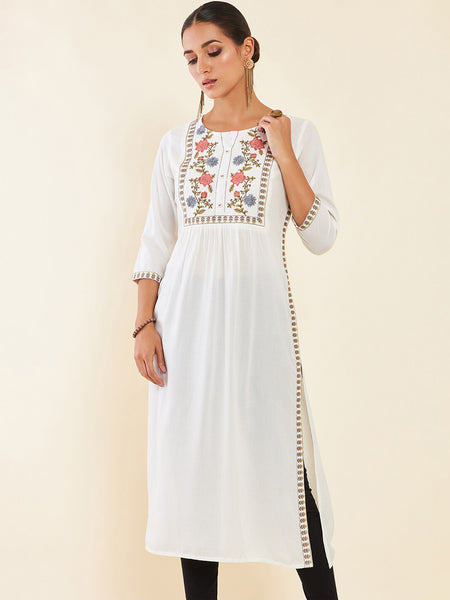 Soch White Floral Embroidered Pleated Kurta - Distacart