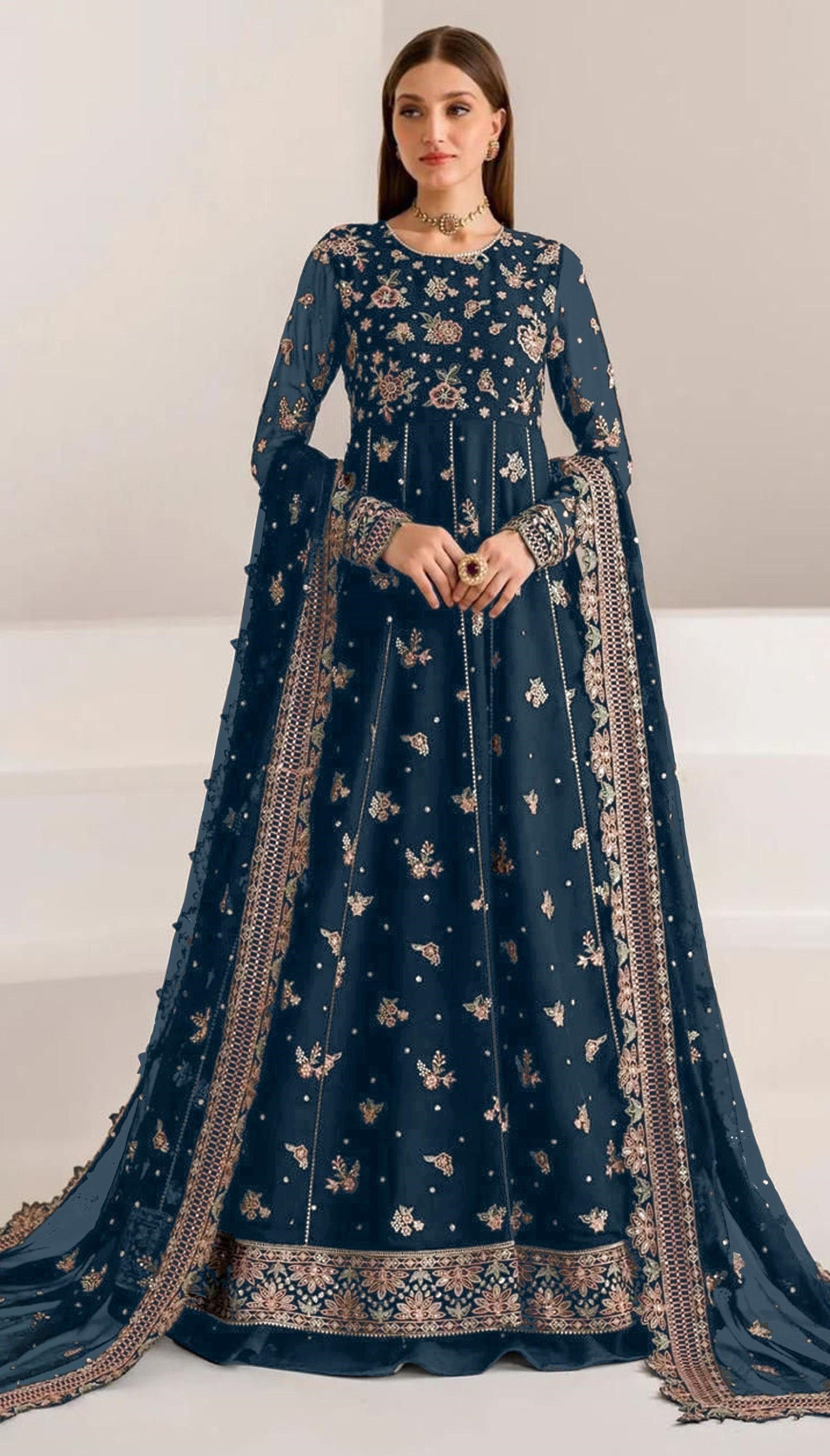 Anaita Navy Blue Faux Georgette Sequins Embroidered Salwar Suit - Distacart