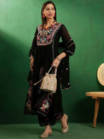 Thumbnail for Sangria V Neck Floral Embroidered A Line Kurta with Palazzos & Dupatta