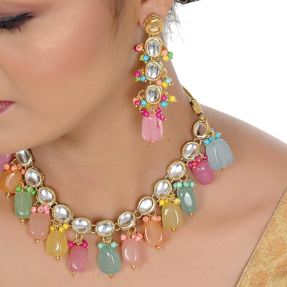 Tehzeeb Creations Back Meenakari Gold-Polished Multicolor Tika Earring Jewellery Set Uncut Kundan Big Faux Kundan Dibbi Kundan Choker Necklace Set - Distacart