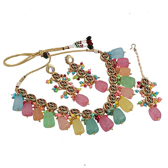 Tehzeeb Creations Back Meenakari Gold-Polished Multicolor Tika Earring Jewellery Set Uncut Kundan Big Faux Kundan Dibbi Kundan Choker Necklace Set - Distacart