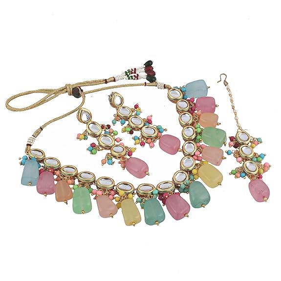 Tehzeeb Creations Back Meenakari Gold-Polished Multicolor Tika Earring Jewellery Set Uncut Kundan Big Faux Kundan Dibbi Kundan Choker Necklace Set - Distacart