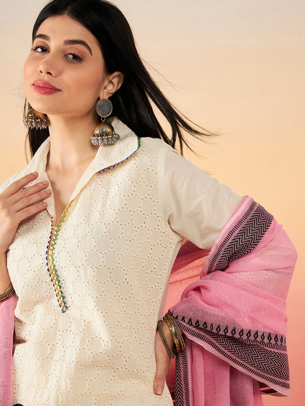 Sangria Off White Ethnic Motifs Self Design Thread Work Pure Cotton Pathani Kurta Sets