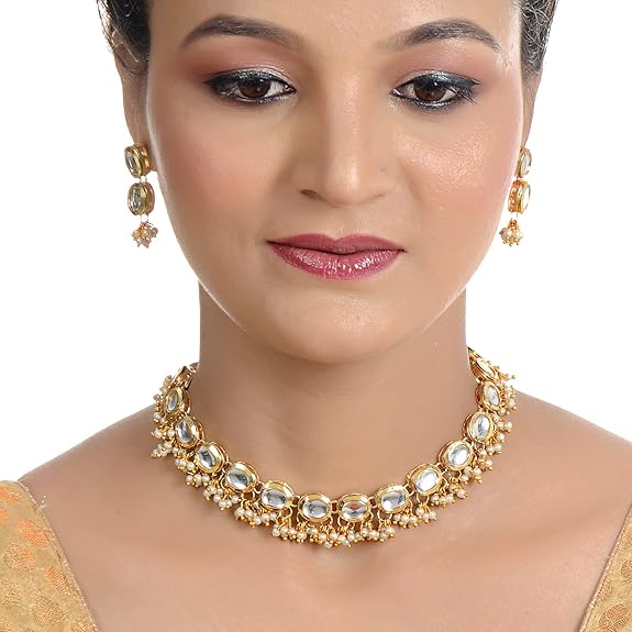 Tehzeeb Creations Back Meenakari Gold-Polished White Color Triangular Shape Earring Jewellery Set Uncut Kundan Big Faux Kundan Dibbi Kundan Choker Necklace Set - Distacart