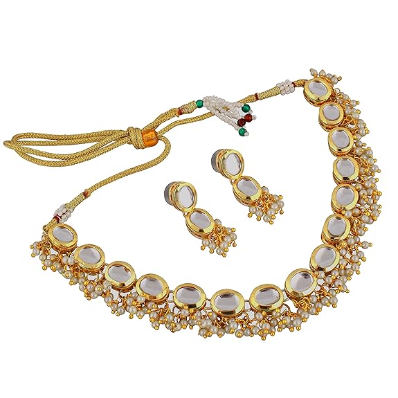 Tehzeeb Creations Back Meenakari Gold-Polished White Color Triangular Shape Earring Jewellery Set Uncut Kundan Big Faux Kundan Dibbi Kundan Choker Necklace Set - Distacart