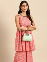 Thumbnail for All About You Women Peach Pin & White Bandhani Print Pleated Sequinned Kurti with Palazzos - Distacart