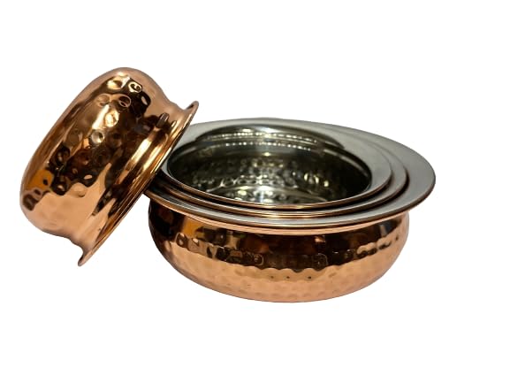 Dynore Stainless Steel Copper Plated Hammered Finish Handi Set with SS lid- Set of 4 - Dista