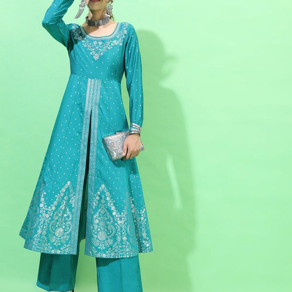 Vishudh Women Teal High Slit Kurti with Trousers - Distacart