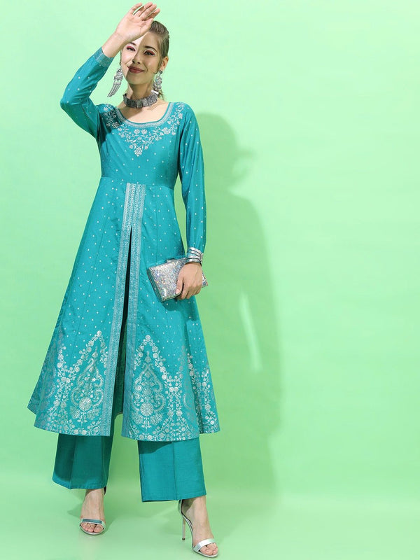 Vishudh Women Teal High Slit Kurti with Trousers