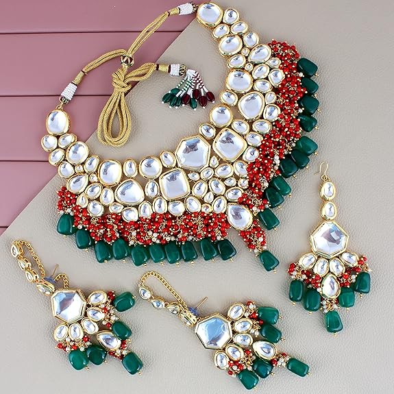 Tehzeeb Creations Meenakari Gold-Polished Multi color Uncut dibbi Kundan Combo Necklace Set - Distacart