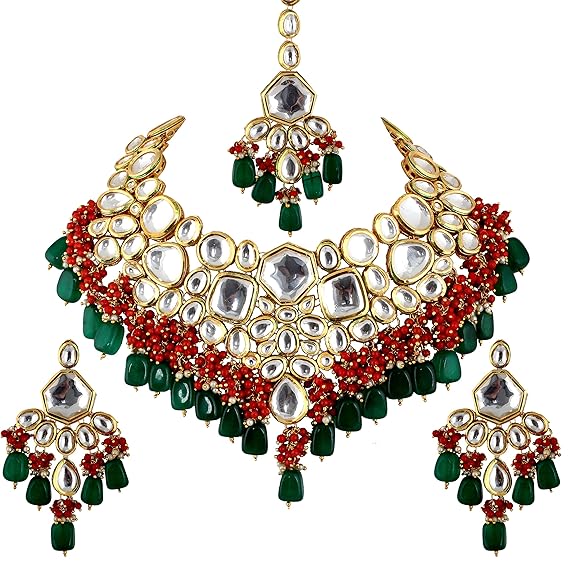 Tehzeeb Creations Meenakari Gold-Polished Multi color Uncut dibbi Kundan Combo Necklace Set
