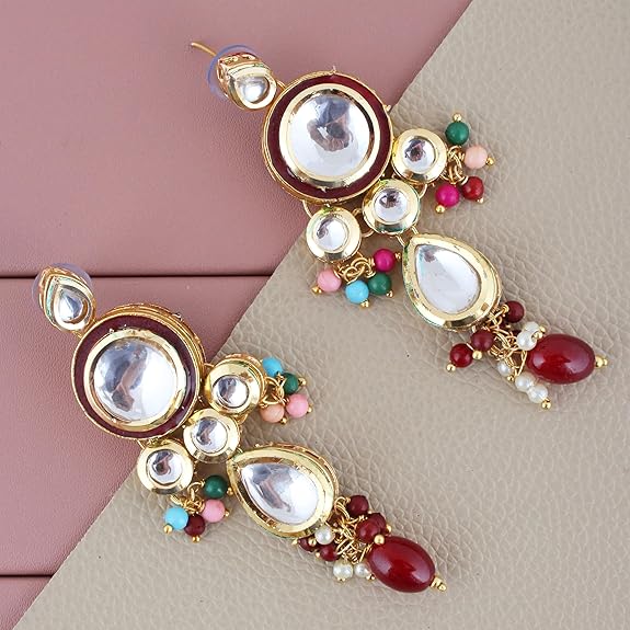 Tehzeeb Creations Back Meenakari Gold-Polished Tika Earring Combo Uncut Big Faux Kundan Choker Necklace set - Distacart