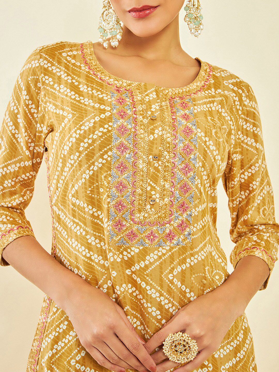 Soch Mustard Yellow Bandhani Printed Round Neck Thread work Regular Kurta - Distacart