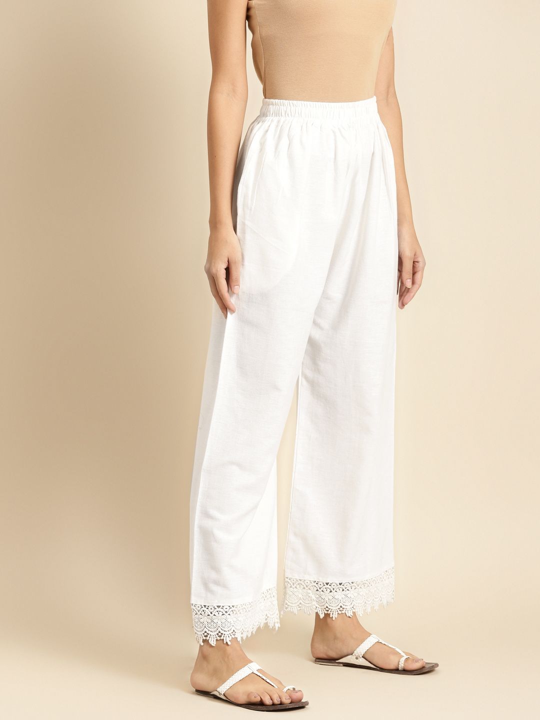 TAG 7 Women White Solid Hem Design Straight Palazzos - Distacart