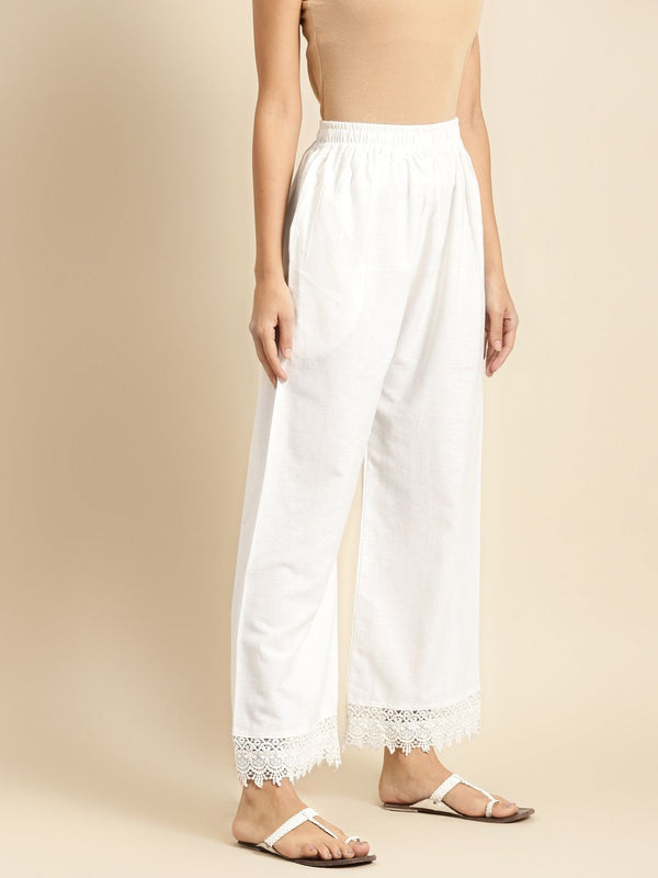 TAG 7 Women White Solid Hem Design Straight Palazzos