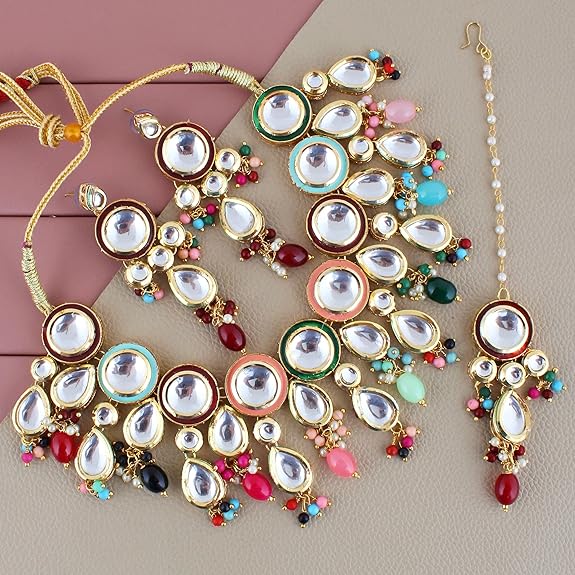 Tehzeeb Creations Back Meenakari Gold-Polished Tika Earring Combo Uncut Big Faux Kundan Choker Necklace set - Distacart