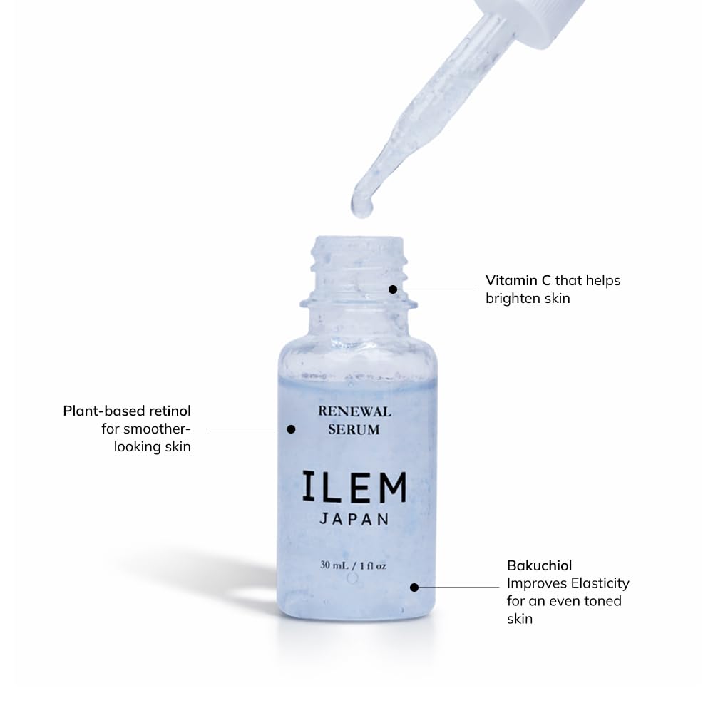 ILEM JAPAN Renewal Serum | Capsule Technology Night Face Serum (PM) Retinol Alternative | Bakuchiol Serum for Men & Women Face | Peptides + Stable Vitamin C | Skin Barrier Support | All Skin Types